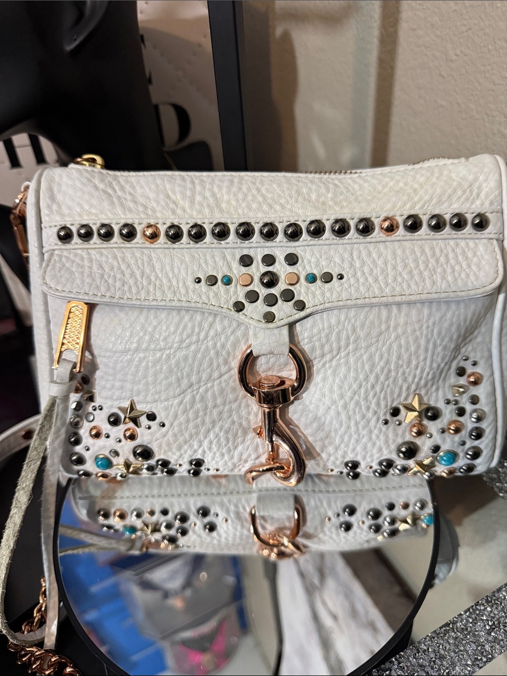 Rebecca Minkoff Leather Multi Studded Crossbody Bag Rose Gold Hardware